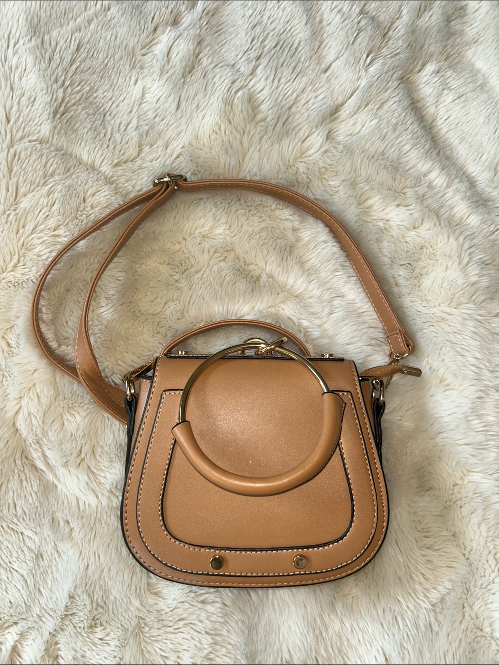 Tan Crossbody Saddle Purse with Gold Ring Flap Handle